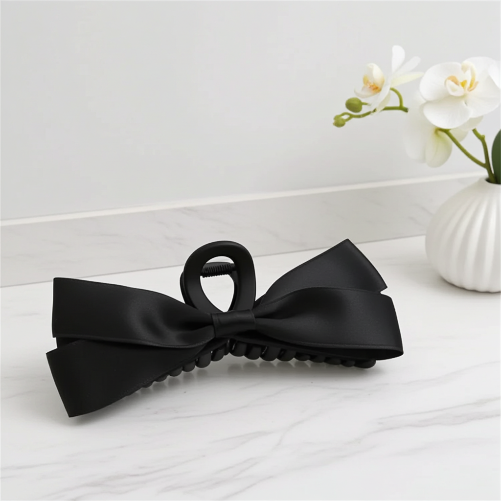 black bow hair clip, hair styling clip