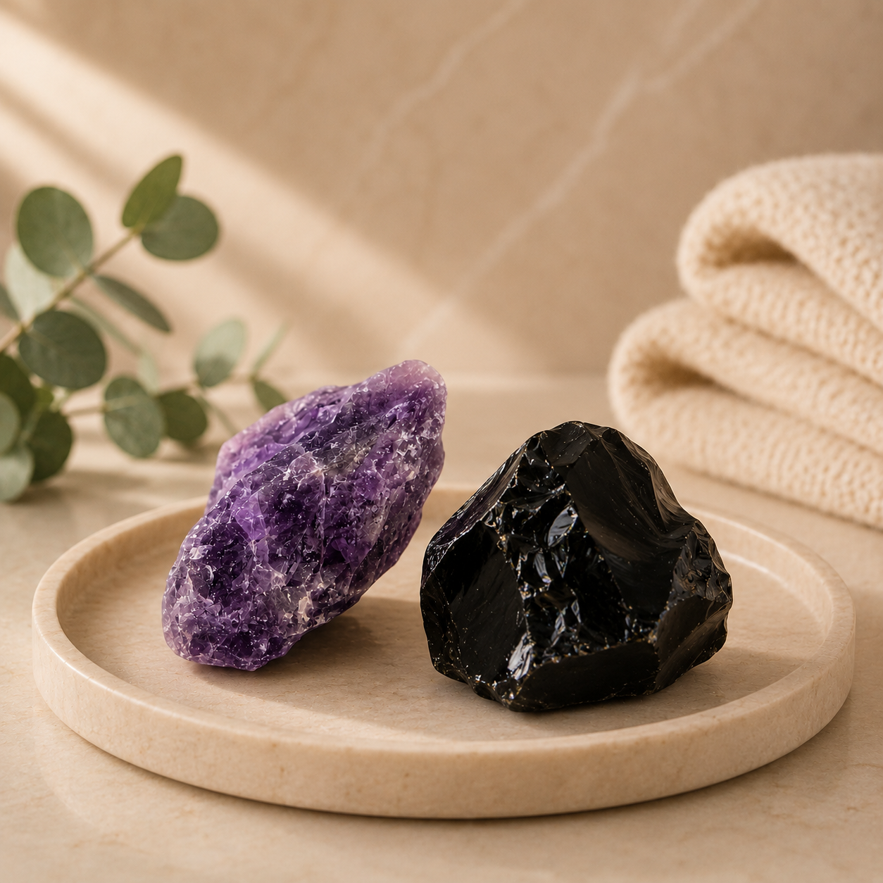 black obsidian crystal, amethyst crystal, raw gemstones, raw crystals, crystal magic, energetic cleansing