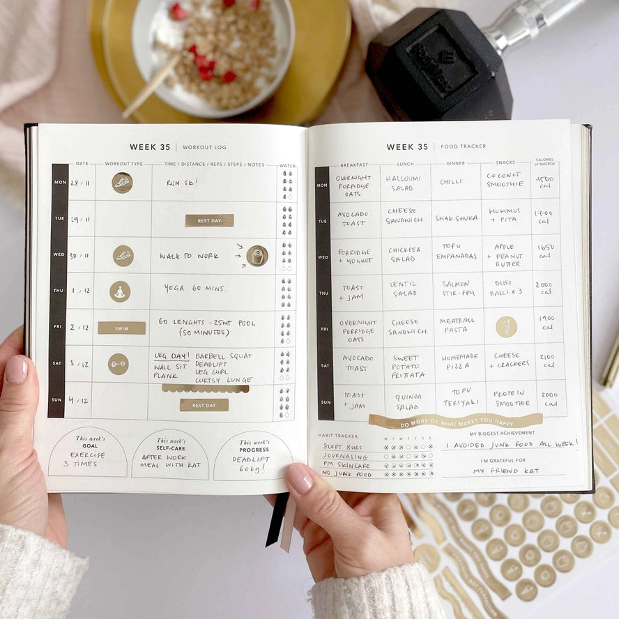 fitness planner inside: workout log, workout tracker, food log, food tracker, meal planner, weight management, healthy habits, healthy body