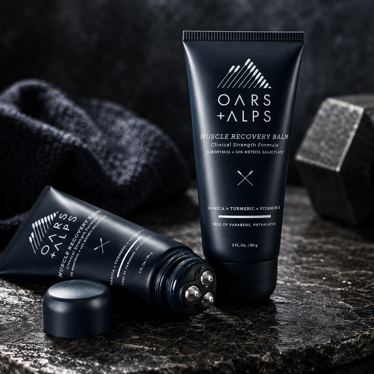 oars + alps, muscle recovery balm, travel friendly skincare, vegan skincare, clinical strength formula, ease muscle soreness, recover faster, post gym, post workout relief