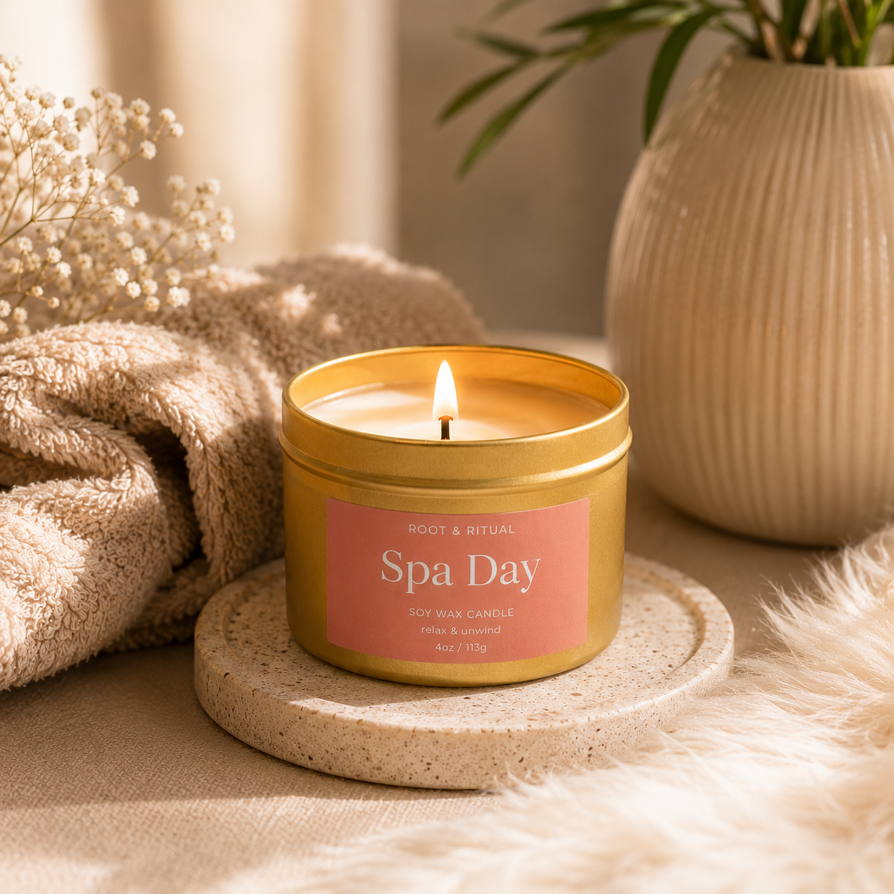 spa day soy candle, non-toxic candle, clean burn candle, spa day