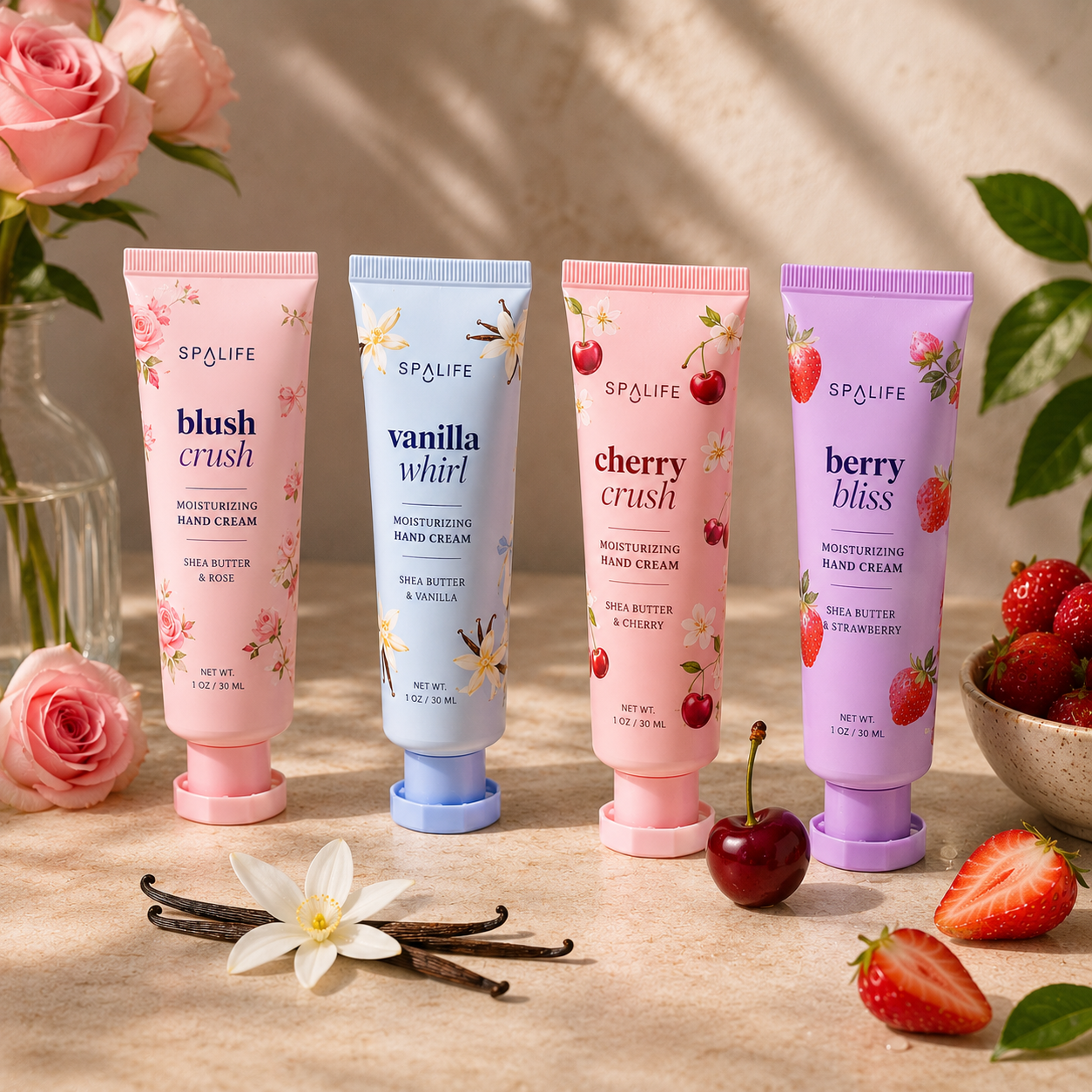 vanilla hand cream, cherry hand cream, strawberry hand cream, berry hand cream, lotion, rose hand cream, blush hand cream