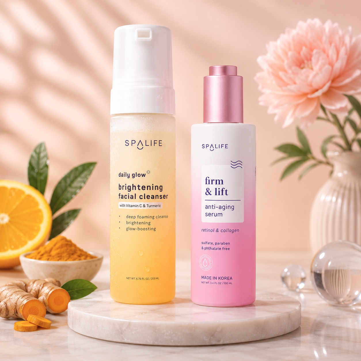 foaming facial cleanser / brightening face wash with vitamin C and turmeric, firm and lift anti-aging serum with retinol and collagen