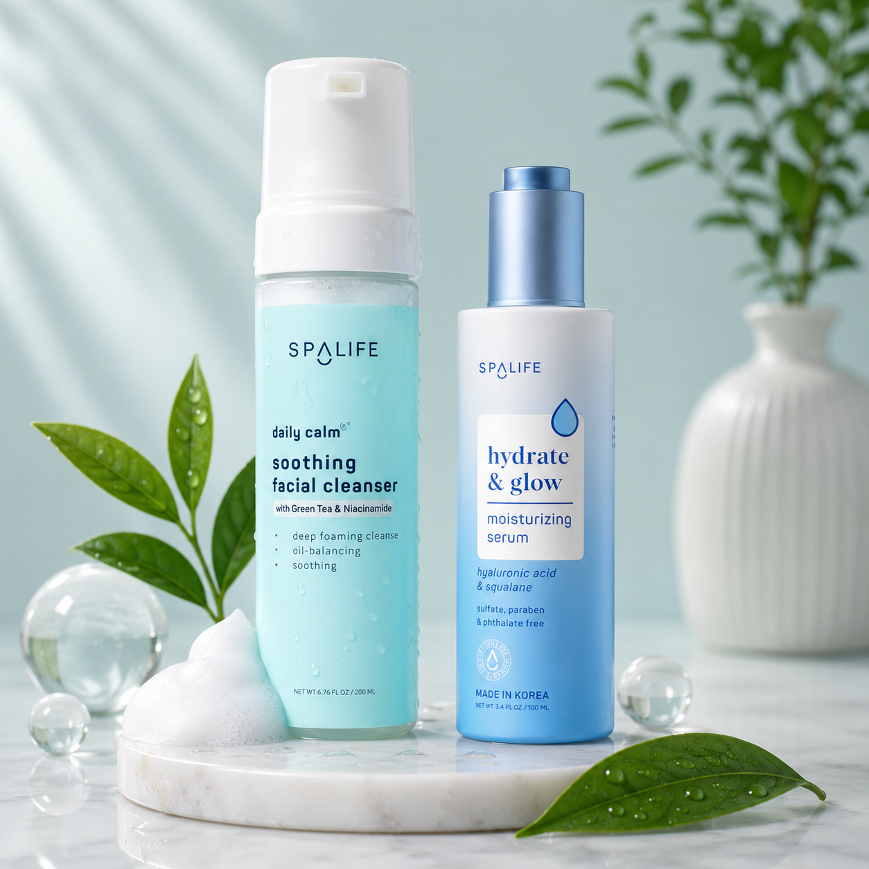 calm soothing foaming facial cleanser with green tea and niacinamide, hydrate and glow moisturizing facial serum with hyaluronic acid and squalane