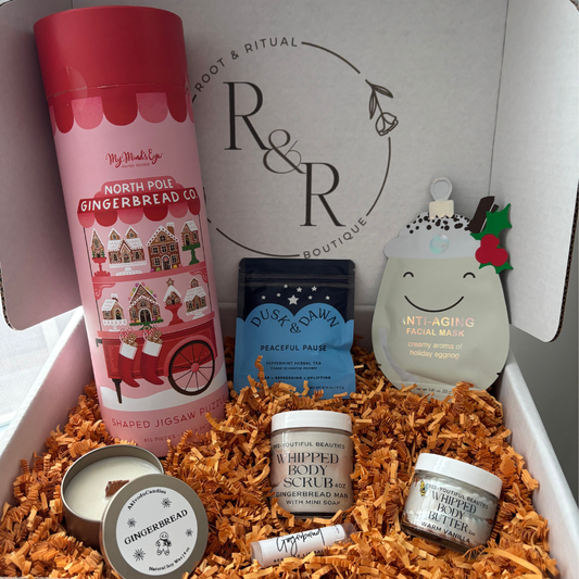 Holiday Gift Box, Winter Self Care Set, Limited Edition featuring Gingerbread puzzle, anti-aging Korean Skincare face mask, sheet mask, facial mask, peppermint tea, whipped body scrub, gingerbread soap, handmade soap, whipped body butter, gingerbread lip balm, chap stick, gingerbread candle, winter candle, soy candle