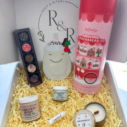 Holiday Gift Box, Winter Self Care Set, Limited Edition featuring Gingerbread puzzle, anti-aging Korean Skincare face mask, sheet mask, facial mask, chocolate truffles, whipped body scrub, gingerbread soap, handmade soap, whipped body butter, gingerbread lip balm, chap stick, gingerbread candle, winter candle, soy candle