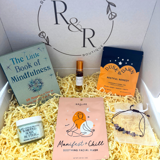 Mindful Muse Mini Spa Gift Box featuring The Little Book of Mindfulness, pocket book, daily mindfulness practices, whipped body butter, manifest + chill face mask, facial mask, sheet mask, Korean Skincare, crystal bracelet, energy healing crystals, chamomile tea, attraction ritual oil, roll on oil, essential oil, roll on perfume