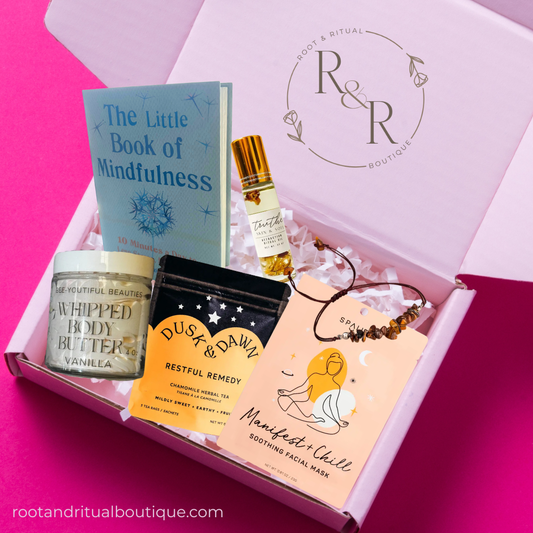 Gift Box, Gift under 50, vanilla whipped body butter, chamomile tea, Korean skincare face mask, sheet mask, crystal bracelet, energy healing crystals, attraction ritual oil, roll on oil, mindfulness practices, pocket book