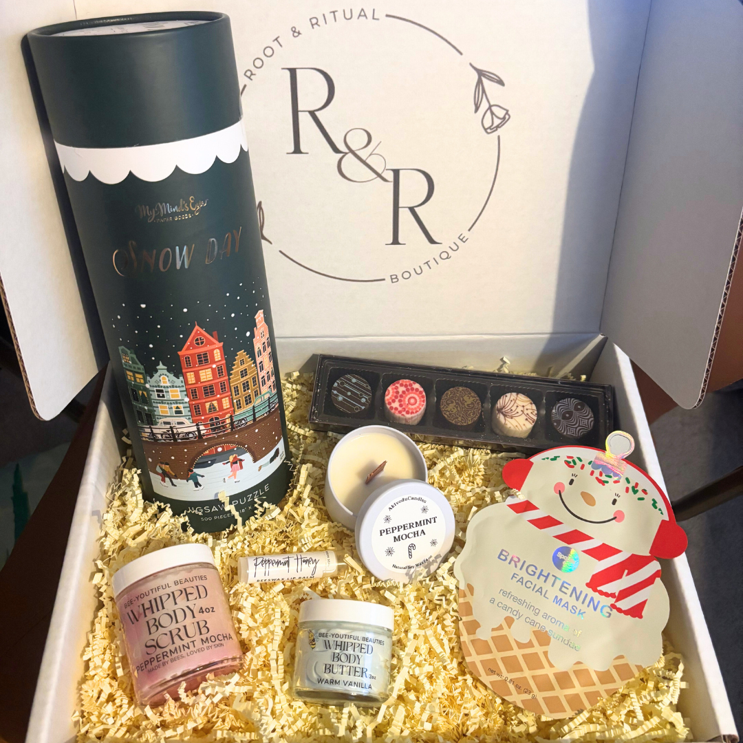 Holiday Gift Box, Peppermint Mocha gift set, candle, face mask, box of chocolates, body scrub, whipped body butter, peppermint lip balm, Snow Day puzzle, gifts for her