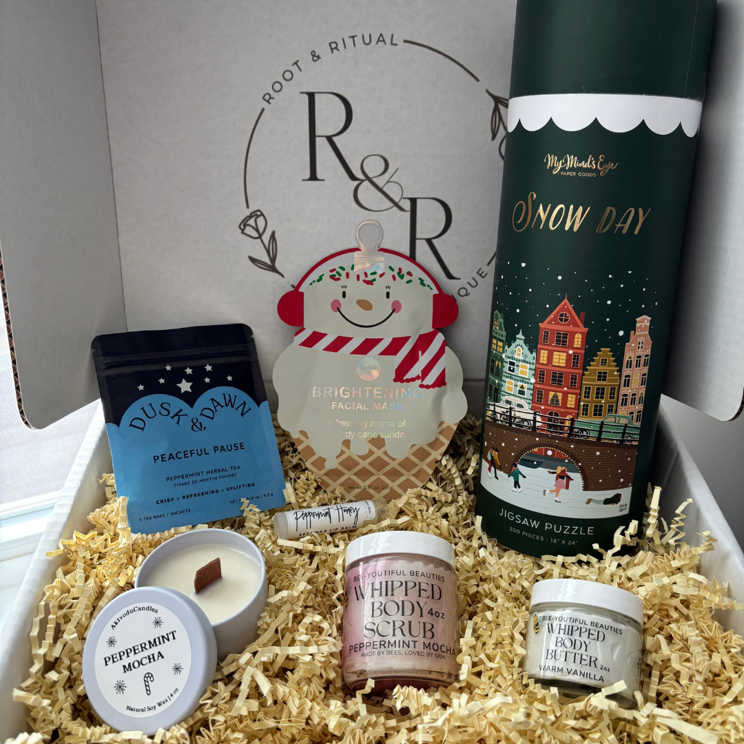 Holiday Gift Box, Holiday Gift Set featuring Snow Day Jigsaw puzzle, Brightening Facial Mask, Korean Skincare, Face Mask, Peppermint Honey Lip Balm, Chapstick, Peppermint Mocha Whipped Body Scrub, Peppermint Mocha Candle, Winter Candle, Christmas Candle, Warm Vanilla Whipped Body Butter, Peppermint tea