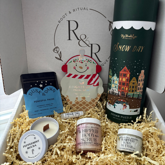 Holiday Gift Box, Holiday Gift Set featuring Snow Day Jigsaw puzzle, Brightening Facial Mask, Korean Skincare, Face Mask, Peppermint Honey Lip Balm, Chapstick, Peppermint Mocha Whipped Body Scrub, Peppermint Mocha Candle, Winter Candle, Christmas Candle, Warm Vanilla Whipped Body Butter, Peppermint tea