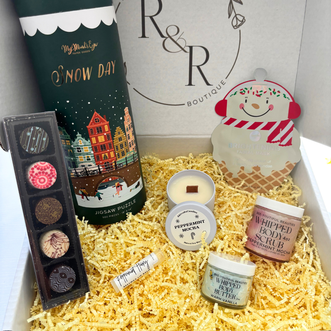 Holiday Gift Set with Winter Self Care Products including Snow Day jigsaw puzzle, chocolate truffles box, Brightening face mask, facial mask, sheet mask, Korean Skincare, whipped body scrub, whipped body butter, winter lip balm, chapstick, winter candle, peppermint mocha candle, soy candle