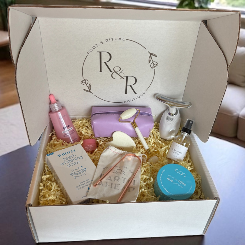 facial gift set with jade roller, guasha, face lifting device, face toner, facial serum, teeth whitening strips, tongue scraper, lip mask, under eye masks