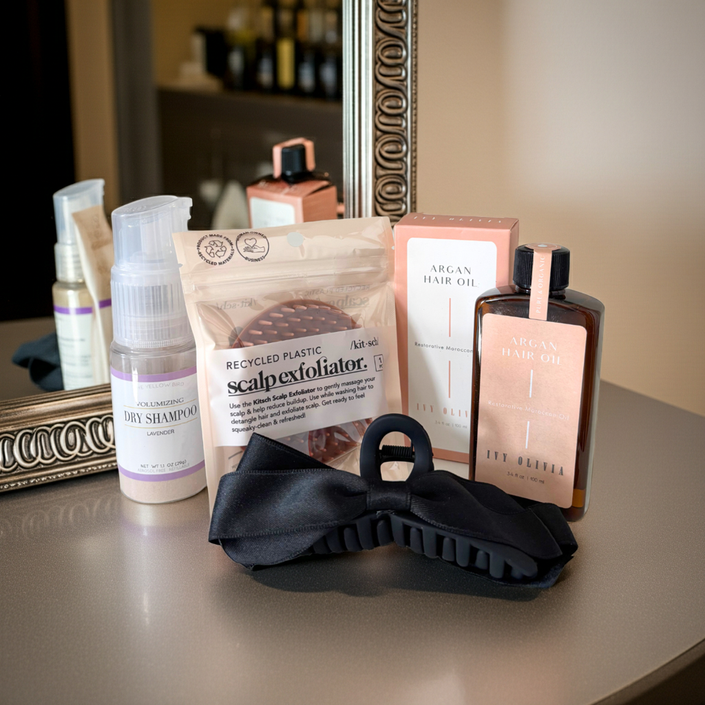 hair care essentials, hair care products, hair products, hair oil, styling oil, scalp exfoliator, dry shampoo, hair clip, hair styling products