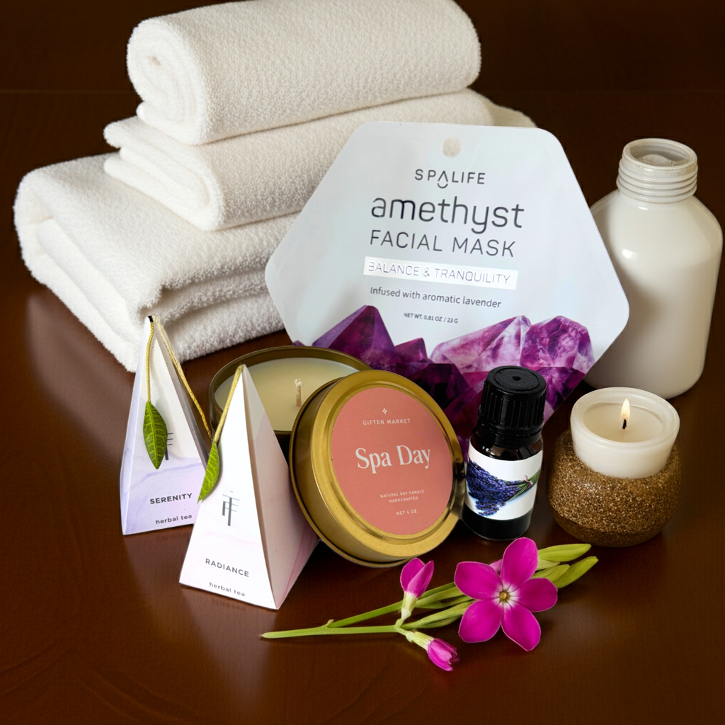 spa set, at home spa day, at home spa night, candle, face mask, lavender essential oil, wellness tea, herbal teas