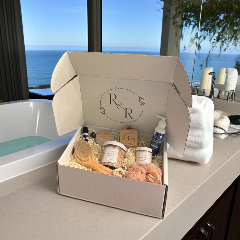 spa gift set, bath box, dry brush body brush, bath soak, bath salts, lavender essential oil, magnesium body lotion, rose petals soap bar, soy candle, spa sponge loofah