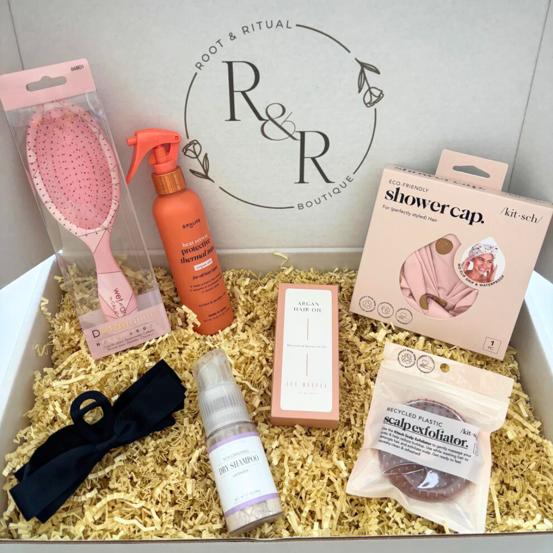 Grooming products, hair products, hair care, detangling hair brush, shower cap, scalp exfoliator, dry shampoo, protective thermal mist, heat protectant spray, argan hair oil, Moroccan hair oil, black hair clip, hair bow