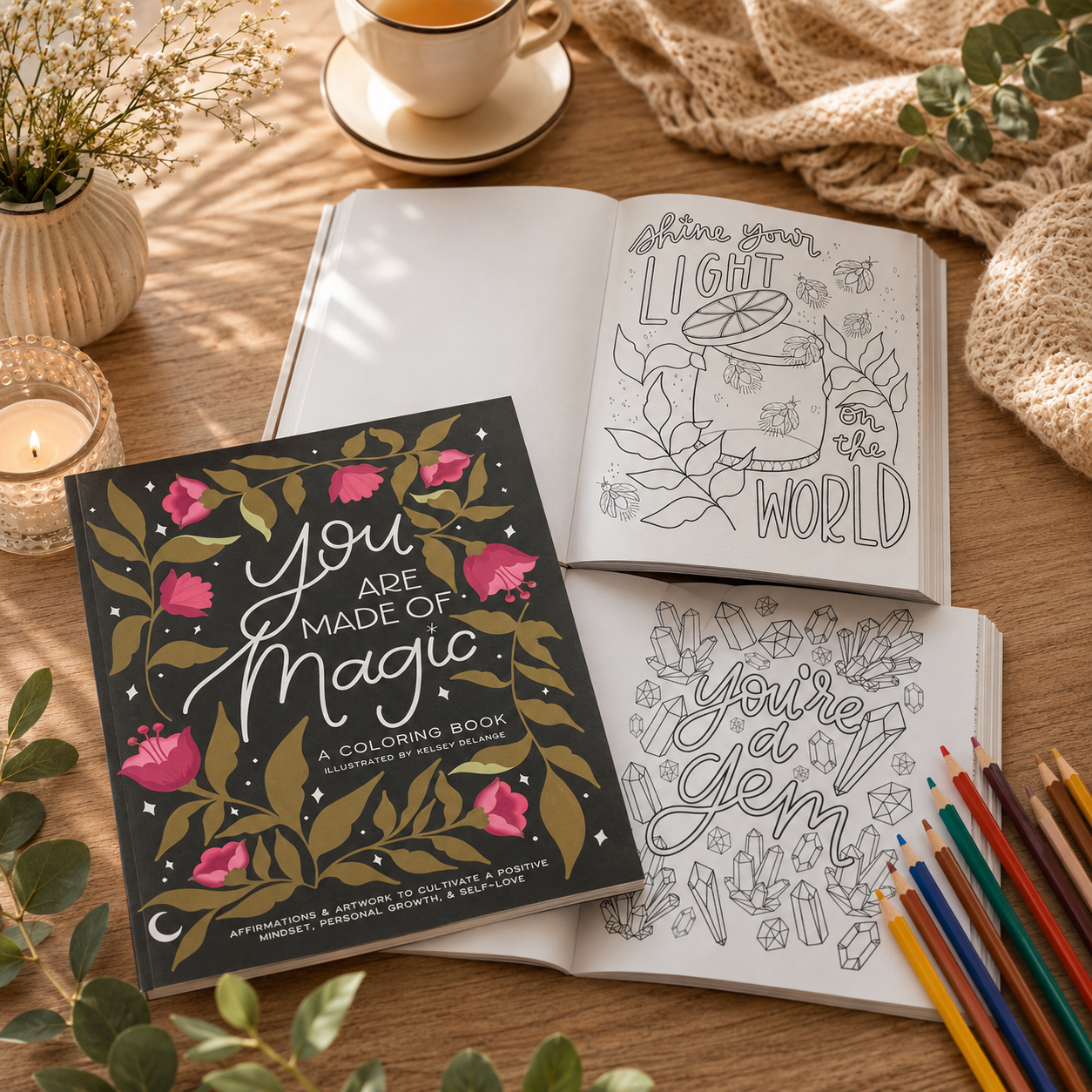 affirmations, coloring book, adult coloring pages, colored pencils, cozy, mindful activity, creative set