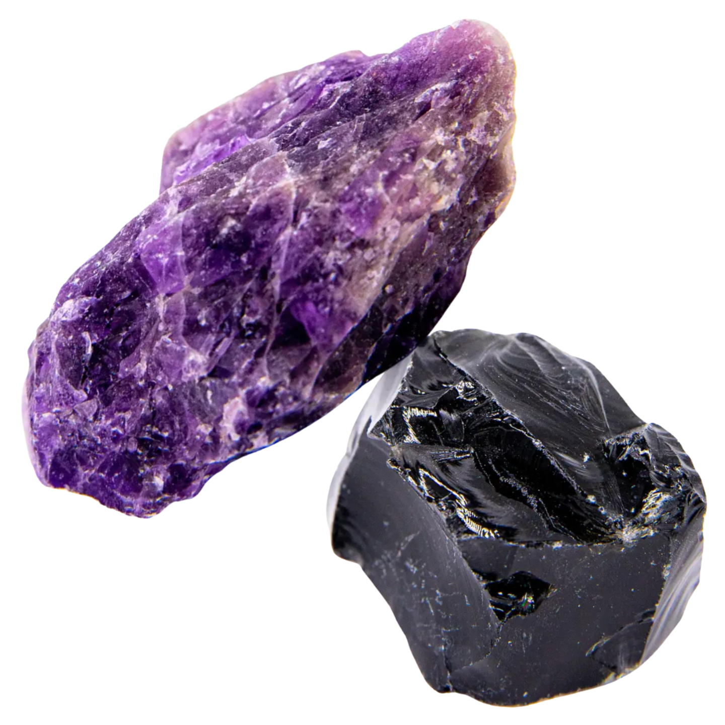 amethyst crystal, black obsidian crystal, raw crystals, gemstones, crystal magic