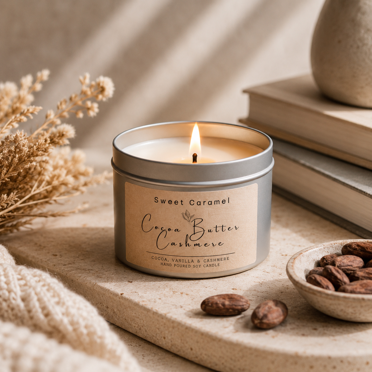 soy candle, clean burn candle, aromatherapy, cocoa butter cashmere
