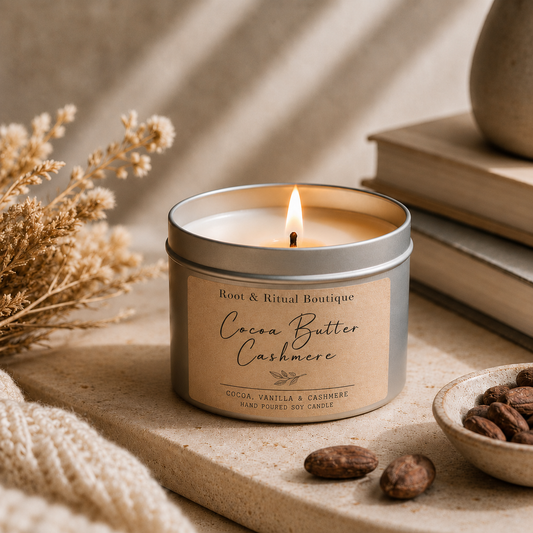 soy candle, clean burn candle, aromatherapy, cocoa butter cashmere
