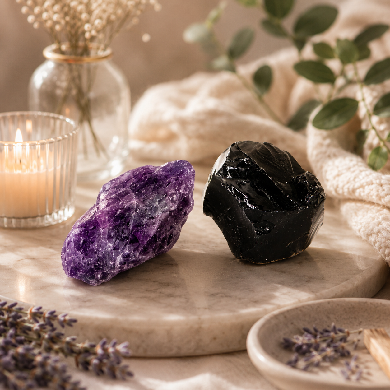 raw crystals, crystal magic, amethyst stone, black obsidian stone