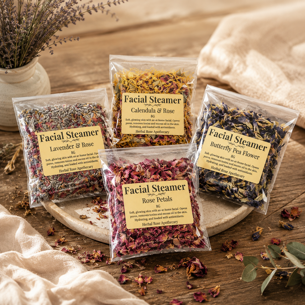facial steamer, herbal facial steam, organic botanicals, ethically sourced herbs, dried flowers, all-natural facial care, organic skincare products