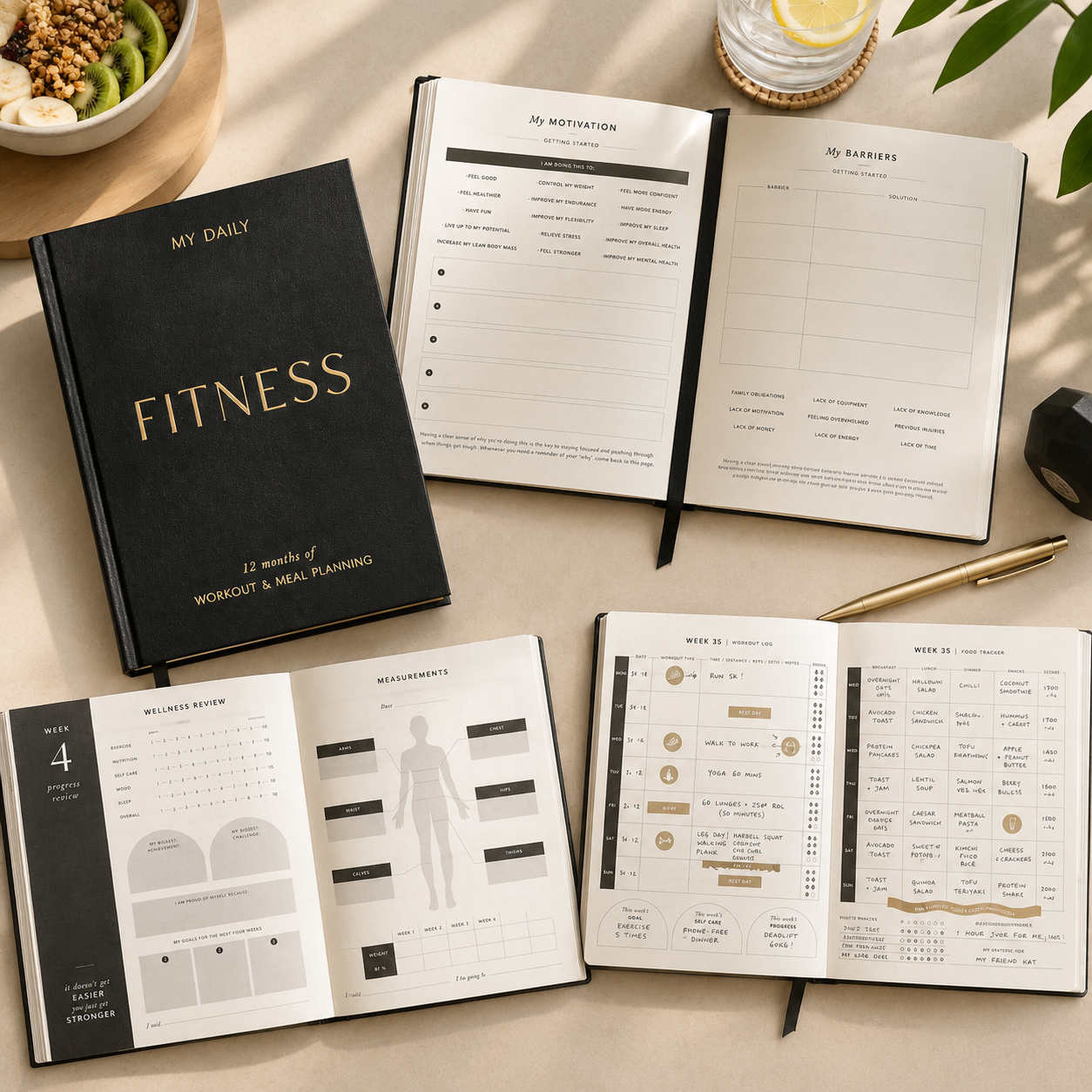 fitness journal, fitness planner, workout tracker, meal planner, progress check-ins, gym exercise log, food tracker, weight tracker, workout journal, health progress