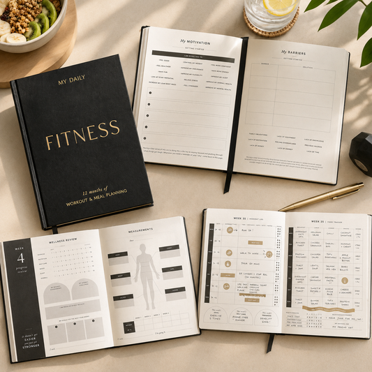 fitness journal, fitness planner, workout tracker, meal planner, progress check-ins, gym exercise log, food tracker, weight tracker, workout journal, health progress