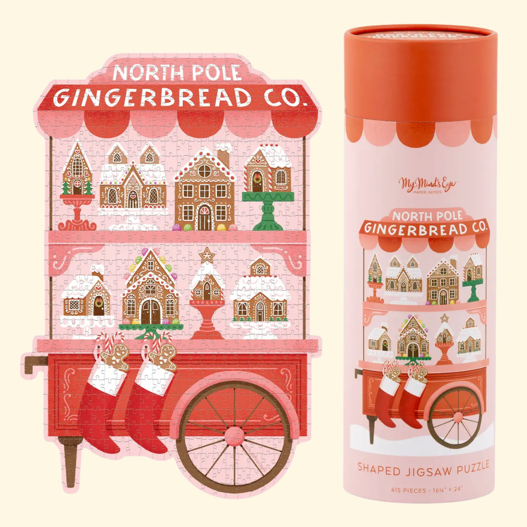 Gingerbread-themed shaped jigsaw puzzle for holiday family fun