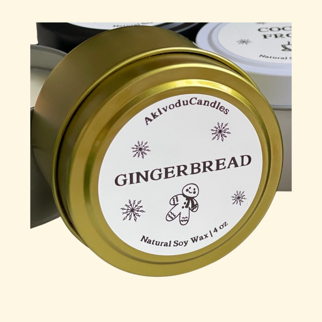 gingerbread candle, soy candle, clean burn candle in a gold tin, winter candle, cozy candle