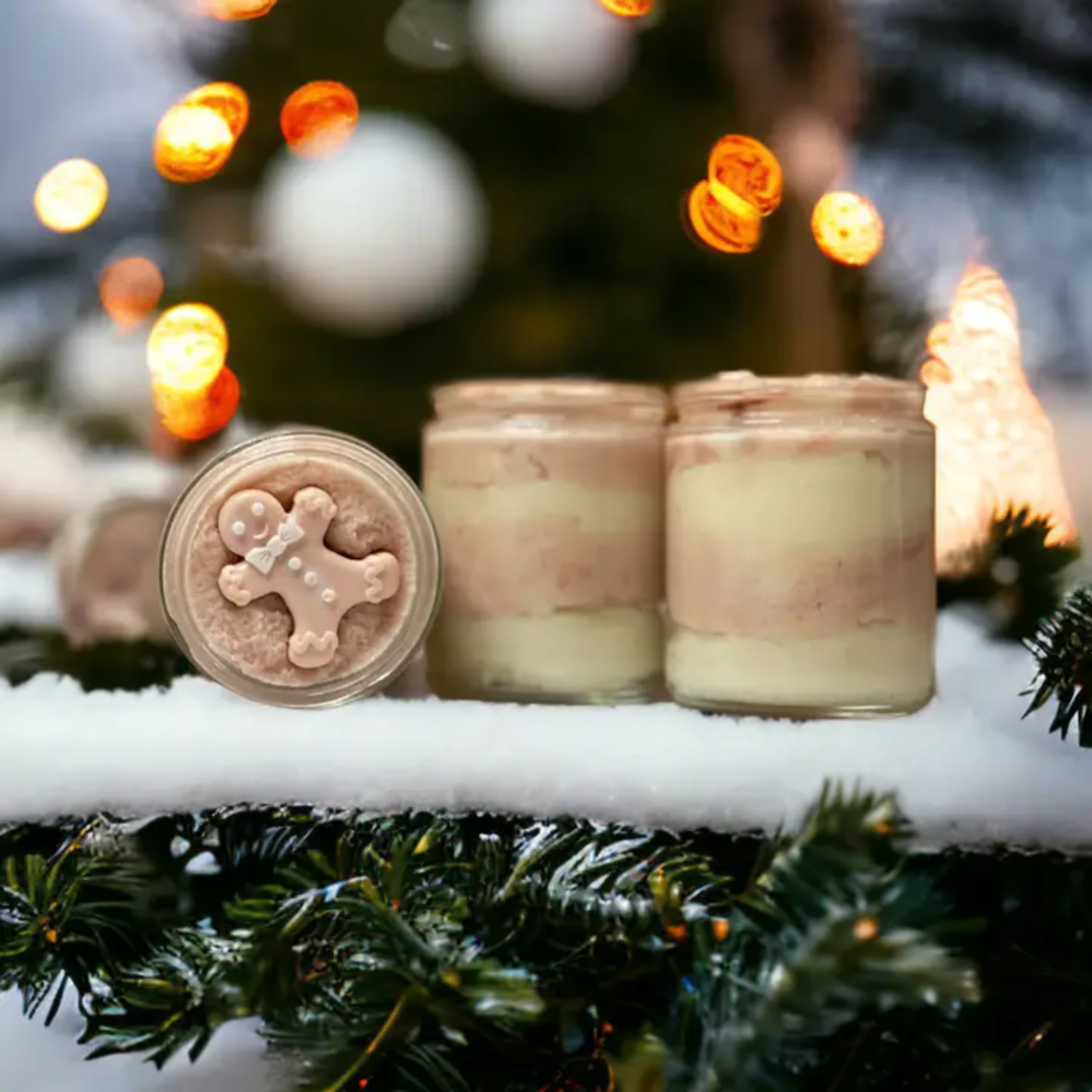 Gingerbread whipped body scrub with a mini gingerbread man soap, all natural body soap, clean body scrub
