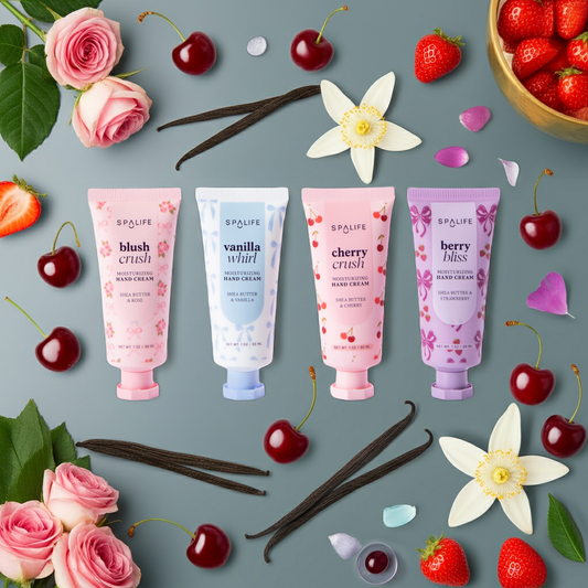 rose hand cream, vanilla lotion, cherry hand cream, strawberry hand cream