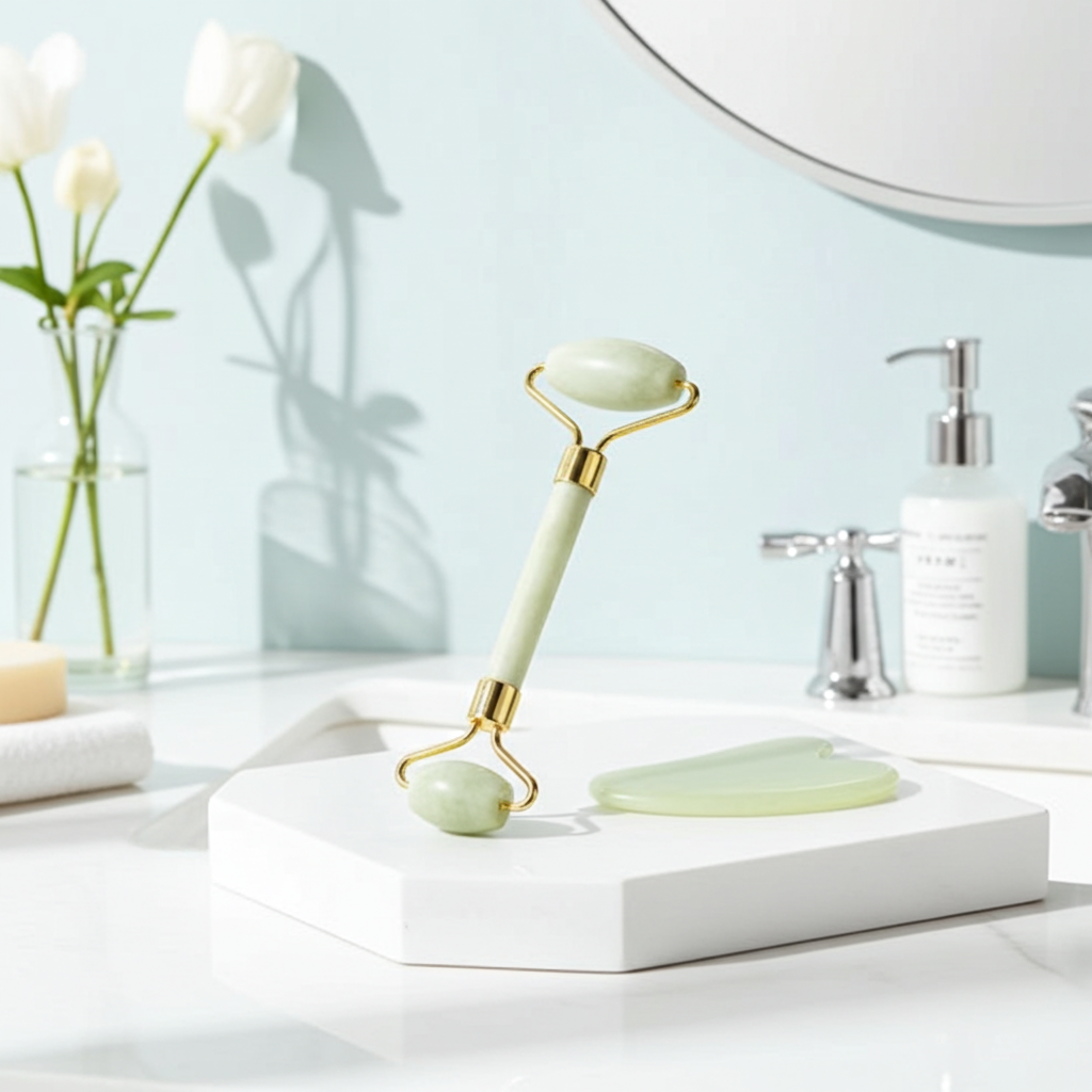 green jade roller, gua sha, facial sculpting tools