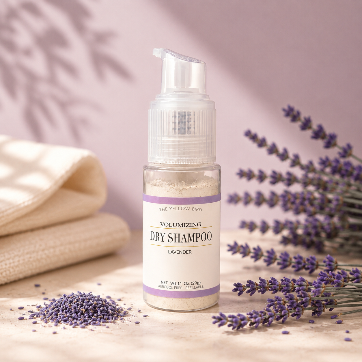 lavender dry shampoo, aerosol free dry shampoo, volumizing hair dry shampoo