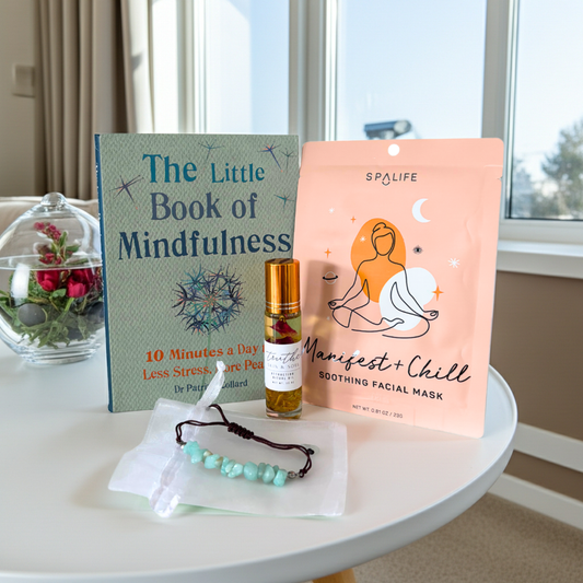 self care products, self care set, book, face mask, oil roller, bracelet, crystals, manifest, manifestation