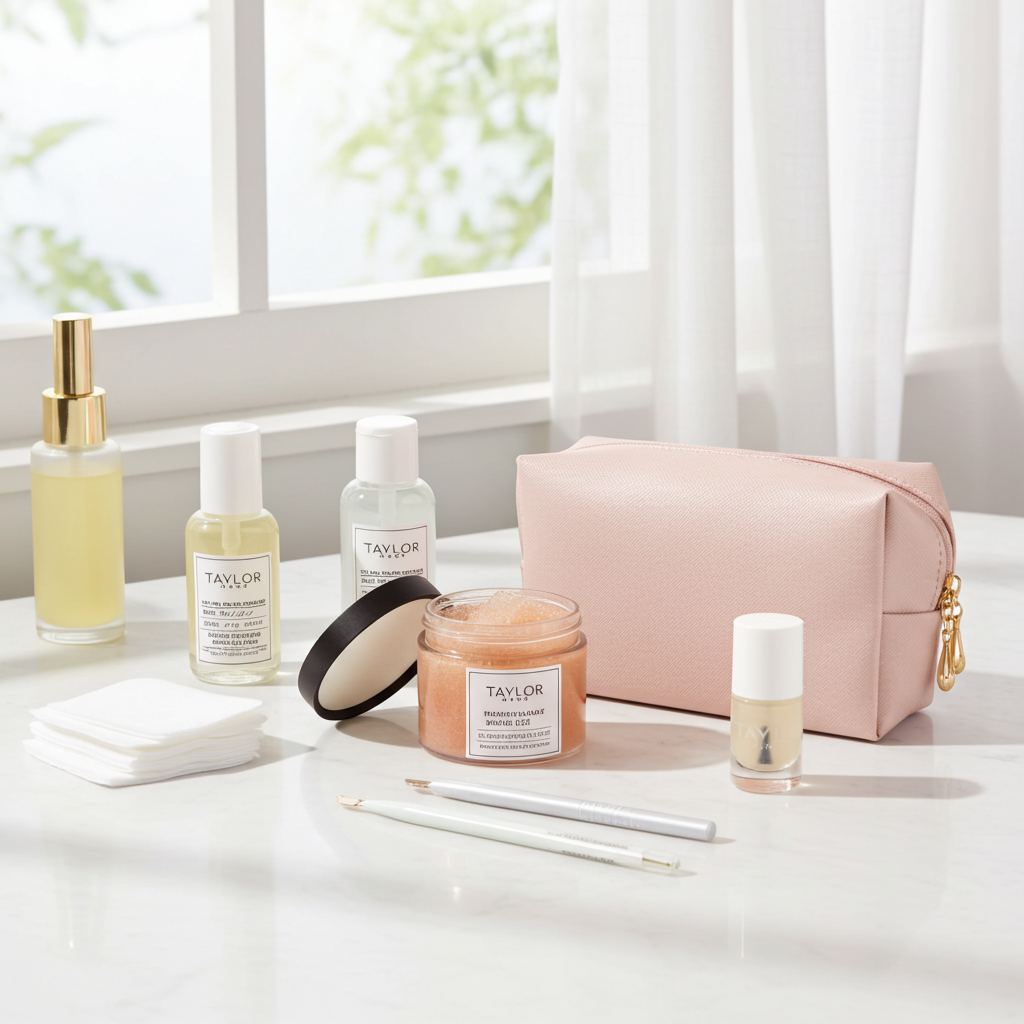 organic nail set, manicure at home, nail kit, manicure kit, hand scrub, glass nail file, cuticle pusher, travel-friendly cuticle oil pen, soy nail polish remover, lint free pads, rose gold vegan leather clutch bag, clear polish, clear coat, top coat, organic manicure at home