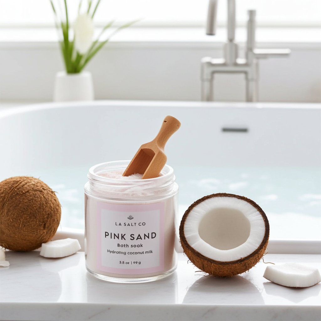 pink sand coconut milk bath soak, hydrating bath soak, milky bath soak