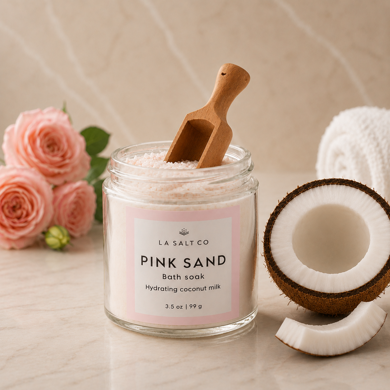 pink sand coconut milk bath soak, hydrating bath soak, milky bath soak