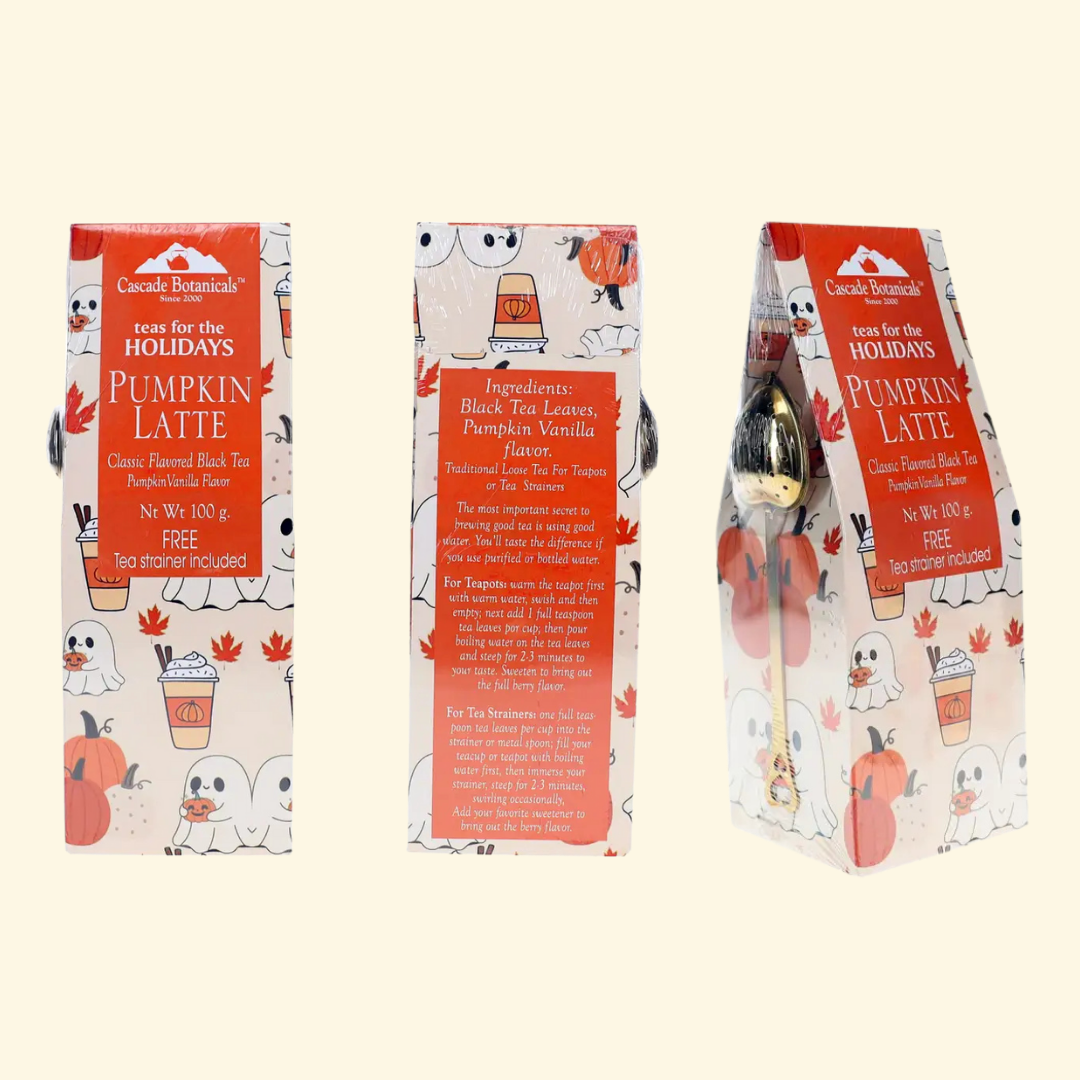 pumpkin spice latte loose leaf tea and gold strainer spoon