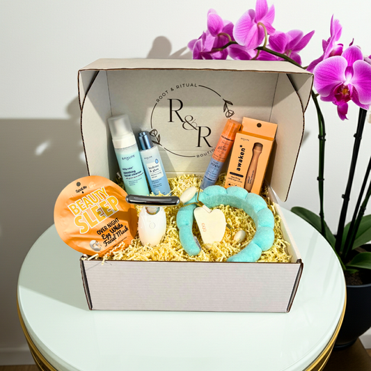 skincare set, at home facial experience, foaming face wash, facial serum, face cream, under eye roller, headband, LED face lifting device, face mask, jade roller guasha set