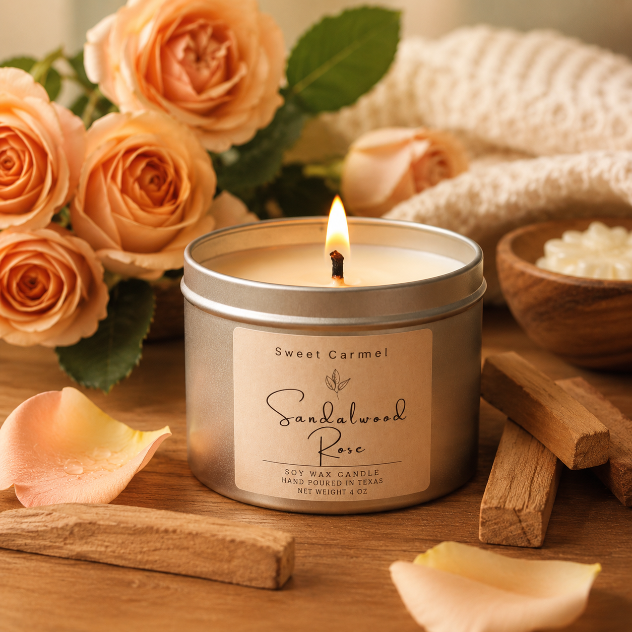 sandalwood rose soy candle, clean burn candle, floral candle