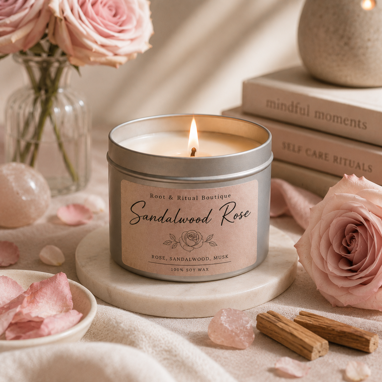 soy candle, vegan candle, sandalwood rose scent, aromatherapy candle, clean burn candle