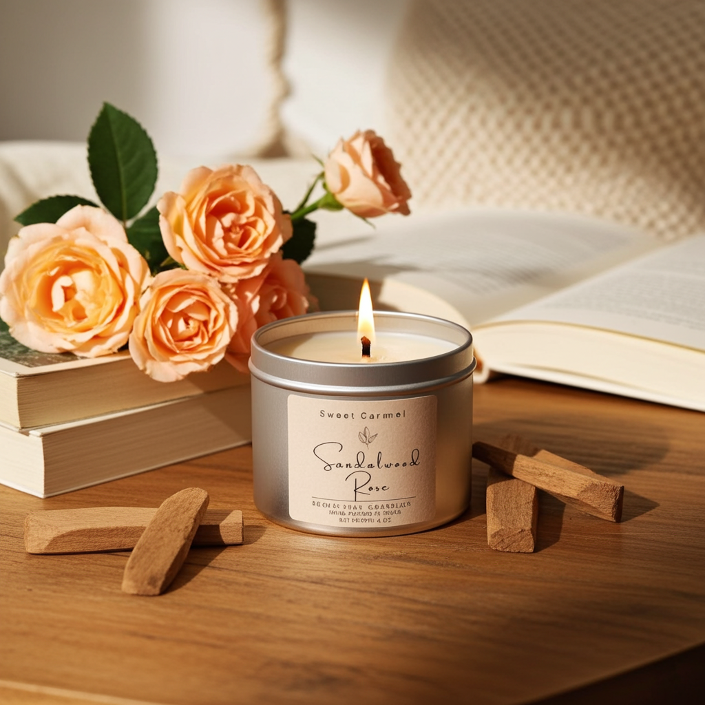 sandalwood rose soy candle, clean burn candle, floral candle