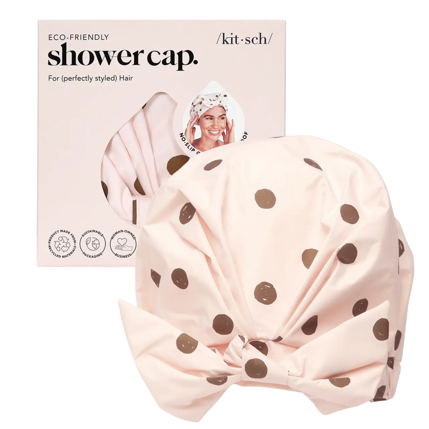 eco-friendly shower cap, pink shower cap, cute girly shower cap, blush pink with gold polka dots and bow