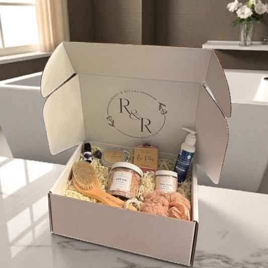 spa gift set, bath box, dry brush body brush, bath soak, bath salts, lavender essential oil, magnesium body lotion, rose petals soap bar, soy candle, spa sponge loofah