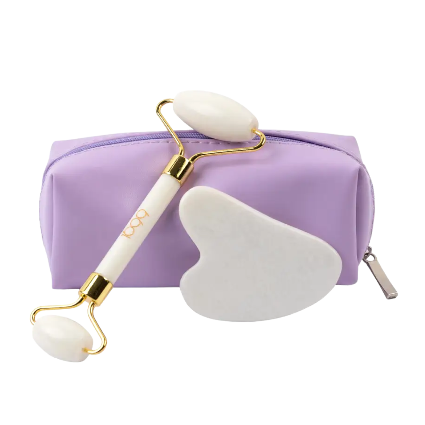 white jade roller and guasha set with purple carrying case