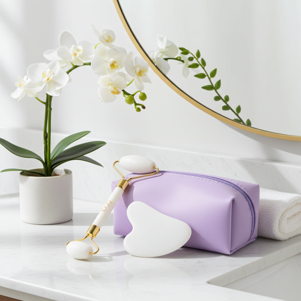 white jade roller, gua sha, face sculpting tools, purple carrying pouch
