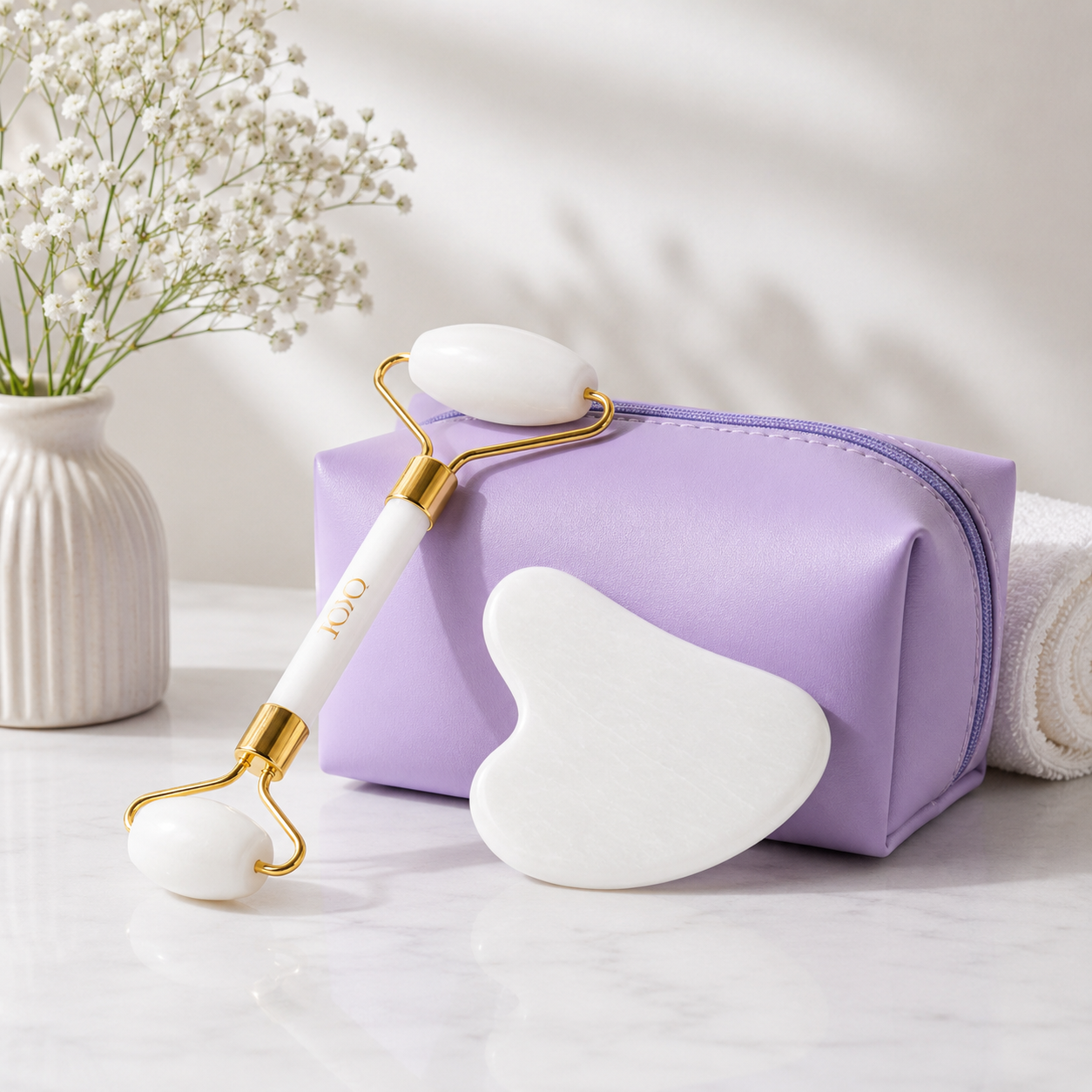 white jade roller, gua sha, face sculpting tools, purple carrying pouch